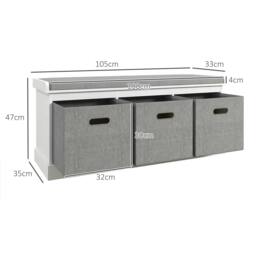 Rackhams Three-Drawer Shoe Storage Bench, with Padded Top Seat - White - thumbnail 3
