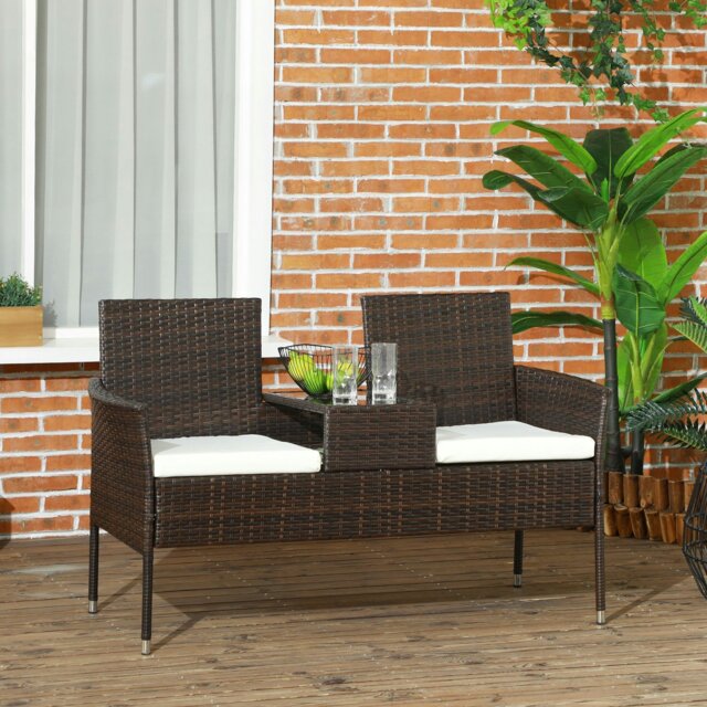 Rackhams Rattan Garden Bench w/ Glass Tea Table, Wicker Chair w/ Cushions Grey - 137W x 59D x 82H cm - Brown - image 1