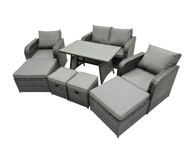 Rackhams 8 Seater Garden Outdoor Rattan Furniture Set Rattan Sofa Oblong Dining Table with 2 Big Stools Dark Grey - image 1