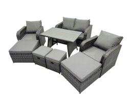 Rackhams 8 Seater Garden Outdoor Rattan Furniture Set Rattan Sofa Oblong Dining Table with 2 Big Stools Dark Grey - thumbnail 1