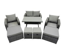 Rackhams 8 Seater Garden Outdoor Rattan Furniture Set Rattan Sofa Oblong Dining Table with 2 Big Stools Dark Grey - thumbnail 2