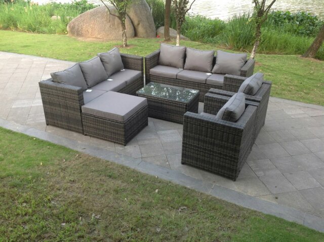 Rackhams Outdoor Rattn Garden Furniture Sofa Set Rectangular Coffee Table Lounge Sofa Chair Footstool Converstory Dark Mixed Grey - image 1