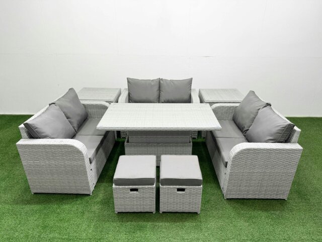 Rackhams 8 Seater Rattan Outdoor Sofa Set - Light Grey PE Wicker with Adjustable Lifting Dining/Coffee Table, 2 Seater Love Sofa & 2 Stools - image 1