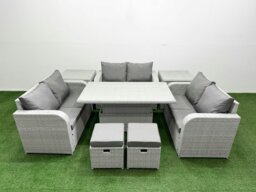 Rackhams 8 Seater Rattan Outdoor Sofa Set - Light Grey PE Wicker with Adjustable Lifting Dining/Coffee Table, 2 Seater Love Sofa & 2 Stools