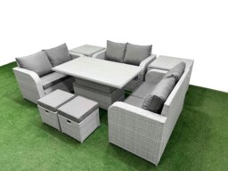 Rackhams 8 Seater Rattan Outdoor Sofa Set - Light Grey PE Wicker with Adjustable Lifting Dining/Coffee Table, 2 Seater Love Sofa & 2 Stools - thumbnail 2