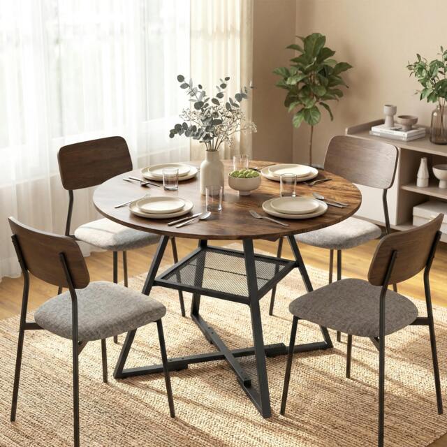 Rackhams Round Dining Table for 4, 100 cm Kitchen Table w/ Shelf, Rustic Brown - Z-shaped - Black painted metal - Black painted metal - image 1
