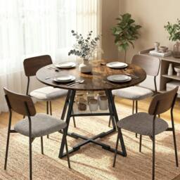Rackhams Round Dining Table for 4, 100 cm Kitchen Table w/ Shelf, Rustic Brown - Z-shaped - Black painted metal - Black painted metal