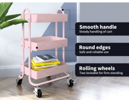 Rackhams 3 Tiers Kitchen Trolley Cart Steel Storage Rack Shelf Organiser Pink - thumbnail 4