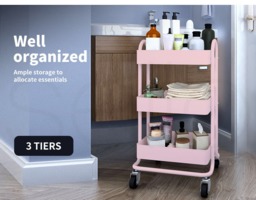 Rackhams 3 Tiers Kitchen Trolley Cart Steel Storage Rack Shelf Organiser Pink - thumbnail 5