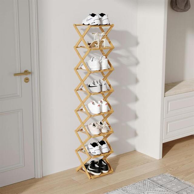 Rackhams 9 Tier Bamboo Folding Shoe Rack Shoe Storage Organiser - Natural - Natural - L - image 1