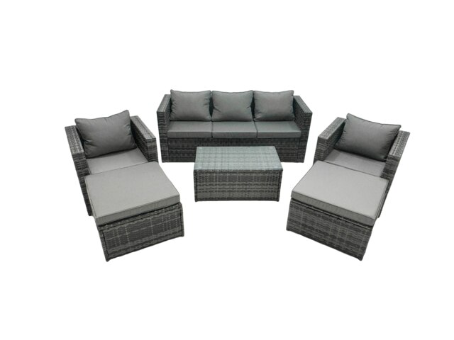Rackhams Rattan Garden Furniture Dining Set 7 seater Patio Coffee Table Sofa Set with 2 Armchair 2 Big Footstools Dark Grey Mixed - image 1