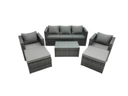 Rackhams Rattan Garden Furniture Dining Set 7 seater Patio Coffee Table Sofa Set with 2 Armchair 2 Big Footstools Dark Grey Mixed - thumbnail 1