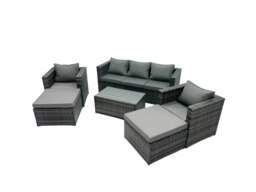 Rackhams Rattan Garden Furniture Dining Set 7 seater Patio Coffee Table Sofa Set with 2 Armchair 2 Big Footstools Dark Grey Mixed - thumbnail 2