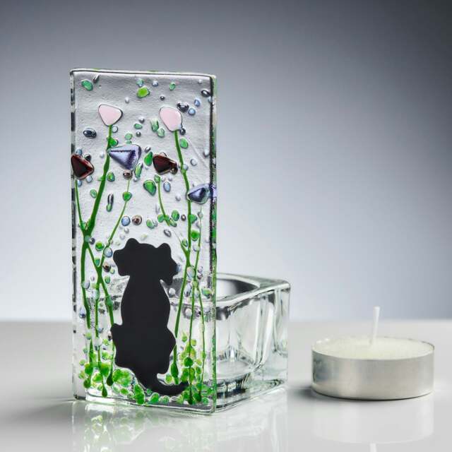 Rackhams Fused Glass Tea Light Holder – Dog & Violet Design (Handmade)