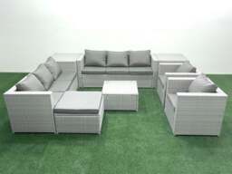 Rackhams Outdoor Rattan Sofa Garden Furniture Set with 2 Armchairs Square Coffee Table Big Footstool 2 Side Tables Light Grey Mixed - thumbnail 1