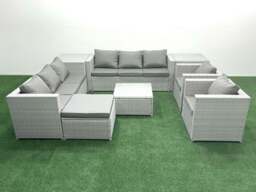 Rackhams Outdoor Rattan Sofa Garden Furniture Set with 2 Armchairs Square Coffee Table Big Footstool 2 Side Tables Light Grey Mixed - thumbnail 2