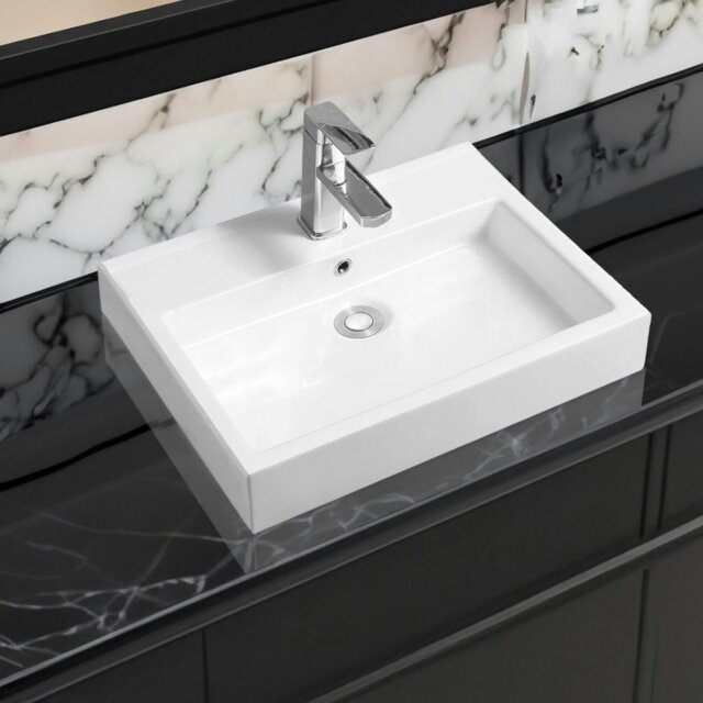 Rackhams 7549 Ceramic 51cm Thick-Edge Inset Basin with Rectangular Full Bowl - White - Ceramic - 51cm - image 1