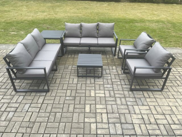 Rackhams Aluminium Outdoor Lounge Sofa Set Garden Furniture Sets with Square Coffee Table 2 Chairs Side Table Dark Grey 8 Seater - image 1