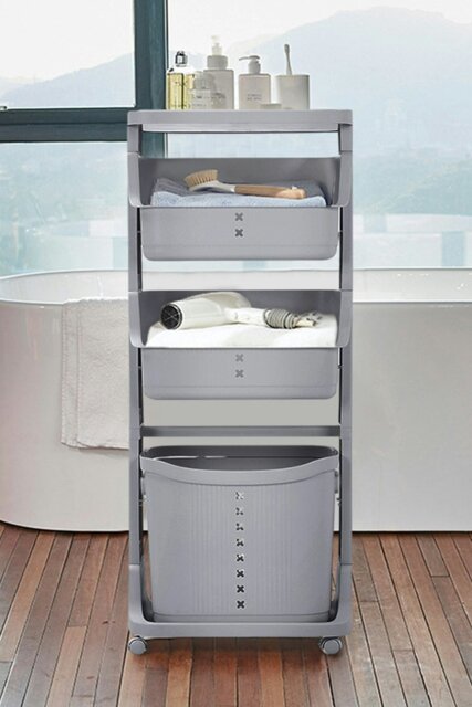 Rackhams 4-Tier Detachable Kitchen Trolley Cart Fruits Vegetables Organizer Storage Rack Laundry Basket with Wheels - Grey - image 1