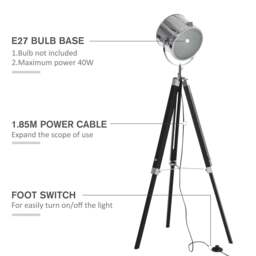 Rackhams Industrial Style Adjustable Tripod Floor Lamp, Searchlight Lamp with Wooden Legs and Steel Lampshade, 110-155cm, Black - thumbnail 6