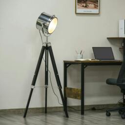 Rackhams Industrial Style Adjustable Tripod Floor Lamp, Searchlight Lamp with Wooden Legs and Steel Lampshade, 110-155cm, Black - thumbnail 2