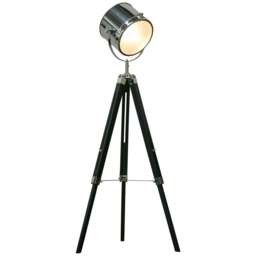 Rackhams Industrial Style Adjustable Tripod Floor Lamp, Searchlight Lamp with Wooden Legs and Steel Lampshade, 110-155cm, Black - thumbnail 1