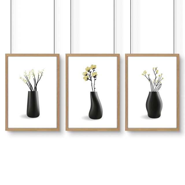 Rackhams Big Paintings For Living Room - Set of 3 Botanical Wall art Prints - A4 8.27 x 11.69 in / 21 x 29.7 cm - Satin Photo paper 280 gsm - Oak Frame - image 1