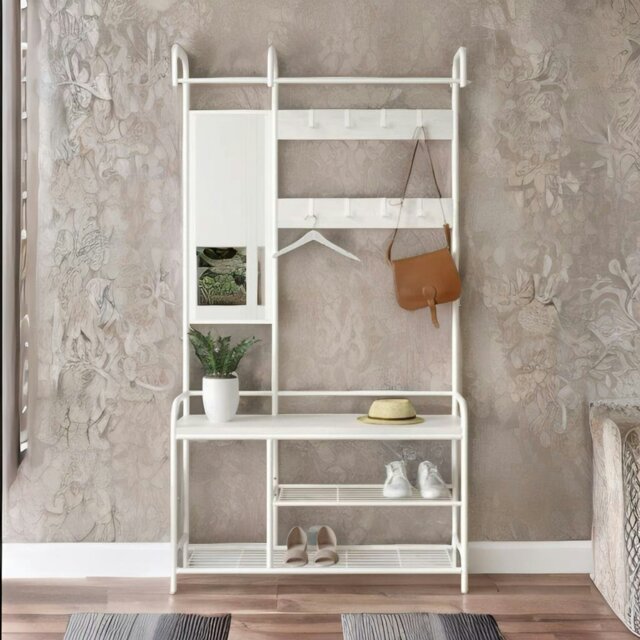 Rackhams Industrial Hall Tree Coat Rack Stand With Shoe Storage Shelves White - image 1