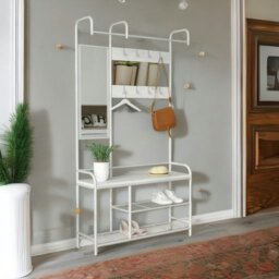 Rackhams Industrial Hall Tree Coat Rack Stand With Shoe Storage Shelves White - thumbnail 2