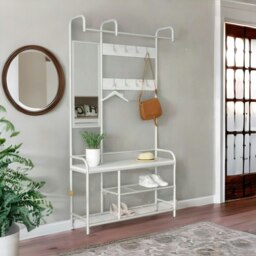 Rackhams Industrial Hall Tree Coat Rack Stand With Shoe Storage Shelves White - thumbnail 3
