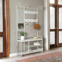 Rackhams Industrial Hall Tree Coat Rack Stand With Shoe Storage Shelves White - thumbnail 4