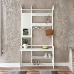Rackhams Industrial Hall Tree Coat Rack Stand With Shoe Storage Shelves White