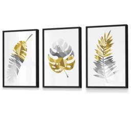 Rackhams Set of 3 Geometric Yellow Grey Tropical Leaves Wall Art Framed / Prints - 21x30cm (A4) - Gold - thumbnail 5