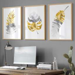 Rackhams Set of 3 Geometric Yellow Grey Tropical Leaves Wall Art Framed / Prints - 21x30cm (A4) - Gold - thumbnail 3