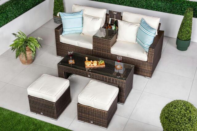 Rackhams Havana 2 Seat Modular Sofa Rattan Garden Balcony Furniture Set Outdoor Drinks Cooler Table, Coffee Table & Stools - Brown - 1 - image 1