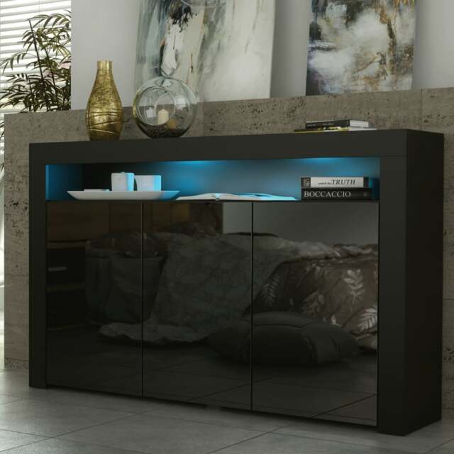 Rackhams 155cm Sideboard TV Stand Cupboard Cabinet – Black High Gloss Doors with Free LED - 155cm  - Black Matt Body & Black Gloss Doors -  MDF/Chipboard - image 1