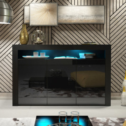 Rackhams 155cm Sideboard TV Stand Cupboard Cabinet – Black High Gloss Doors with Free LED - 155cm  - Black Matt Body & Black Gloss Doors -  MDF/Chipboard - thumbnail 3