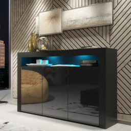 Rackhams 155cm Sideboard TV Stand Cupboard Cabinet – Black High Gloss Doors with Free LED - 155cm  - Black Matt Body & Black Gloss Doors -  MDF/Chipboard - thumbnail 2