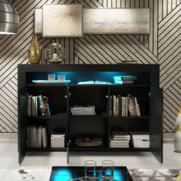 Rackhams 155cm Sideboard TV Stand Cupboard Cabinet – Black High Gloss Doors with Free LED - 155cm  - Black Matt Body & Black Gloss Doors -  MDF/Chipboard - thumbnail 4