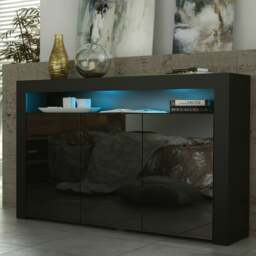 Rackhams 155cm Sideboard TV Stand Cupboard Cabinet – Black High Gloss Doors with Free LED - 155cm  - Black Matt Body & Black Gloss Doors -  MDF/Chipboard