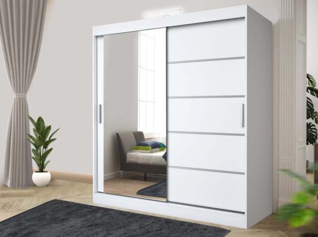 Rackhams Stylish Bedroom Sliding Wardrobe with LED Light - comes in White/Grey/Black/Oak and Width 120cm/150cm/180cm/203cm/250cm - 203cm - White - image 1