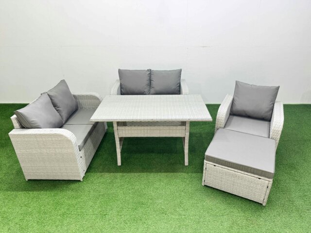 Rackhams High Back Poly Rattan Garden Furniture Set - Light Grey Indoor/Outdoor Patio Set with Reclining Chair & Rectangular Dining Table - image 1
