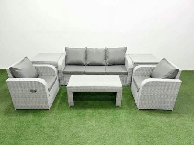 Rackhams PE Rattan Garden Furniture Set Reclining Chair Sofa Lounge Sofa Set Rectangular Coffee Table 2 Side Table Light Grey - image 1