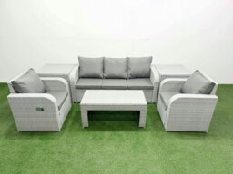 Rackhams PE Rattan Garden Furniture Set Reclining Chair Sofa Lounge Sofa Set Rectangular Coffee Table 2 Side Table Light Grey - thumbnail 1
