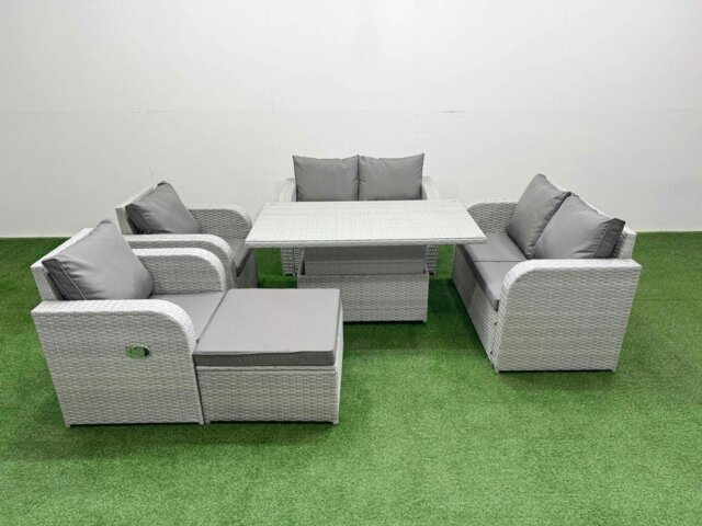 Rackhams 7 Seater Outdoor Reclining Chair Love Sofa Set Rattan Garden Furniture Set with Adjustable Lifting Dining or Coffee Table Footstool Light Grey - image 1