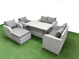 Rackhams 7 Seater Outdoor Reclining Chair Love Sofa Set Rattan Garden Furniture Set with Adjustable Lifting Dining or Coffee Table Footstool Light Grey - thumbnail 2