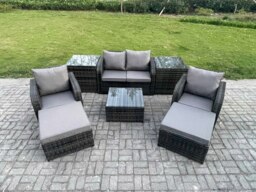 Rackhams Rattan Garden Furniture Set Patio Conservatory Indoor Outdoor 6 Seater Set with Love Sofa Square Coffee Table 2 Big Footstool 2 Side Tables - thumbnail 1