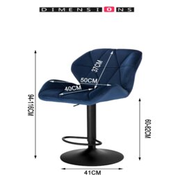 Rackhams Set of 2 Velvet Blue Bar Stools – Adjustable Swivel Dining Chairs with Footrest & Black Steel - thumbnail 5