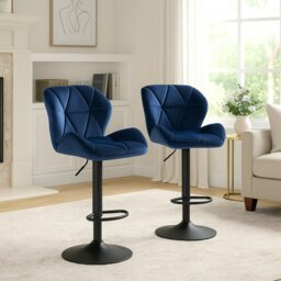 Rackhams Set of 2 Velvet Blue Bar Stools – Adjustable Swivel Dining Chairs with Footrest & Black Steel - thumbnail 6