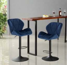 Rackhams Set of 2 Velvet Blue Bar Stools – Adjustable Swivel Dining Chairs with Footrest & Black Steel - thumbnail 3